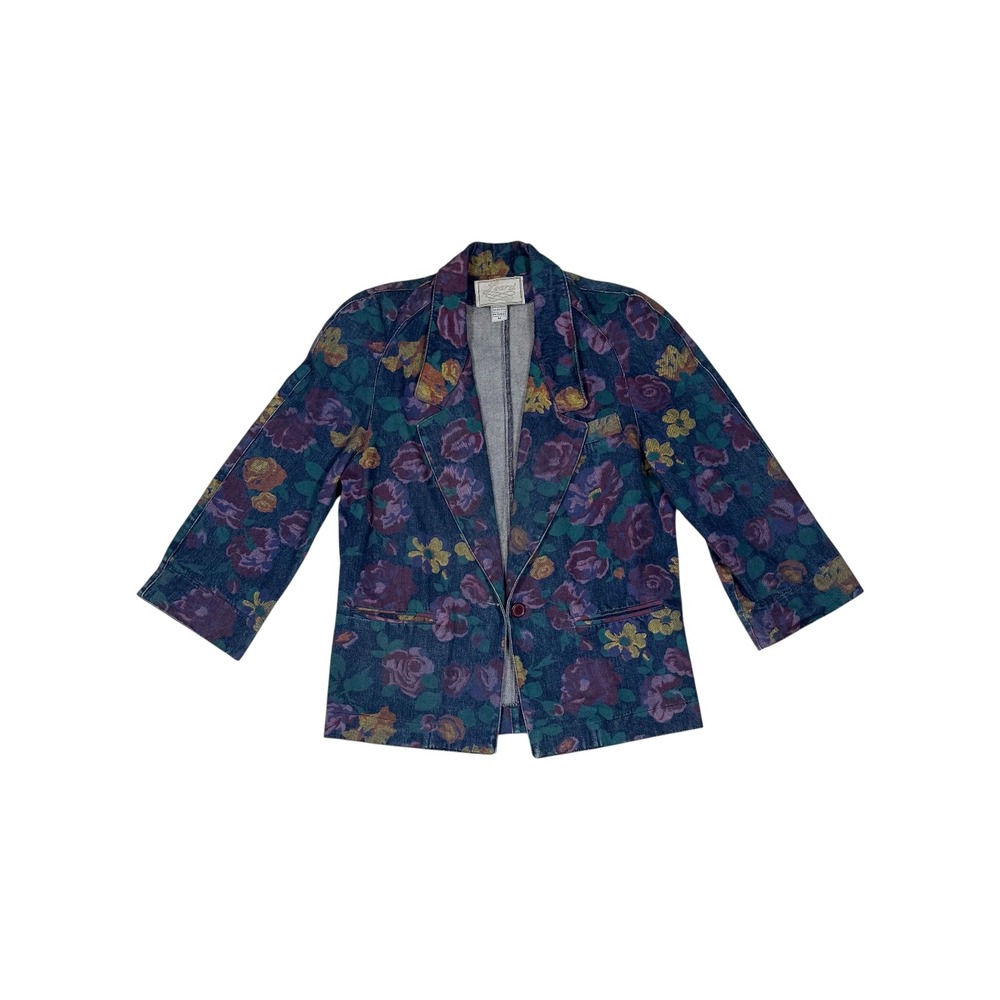 Vintage Learsi Floral Denim Blazer Jacket Blue Purple Yellow Cotton
